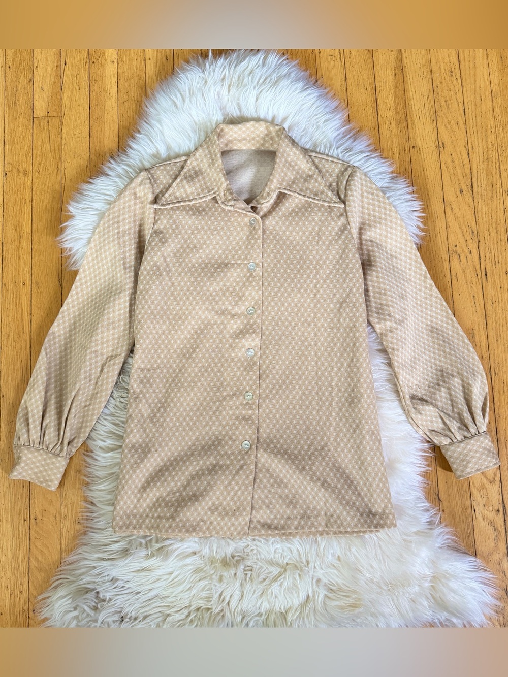 vintage 1970s gingham diamond print collar button down woven shirt medium large